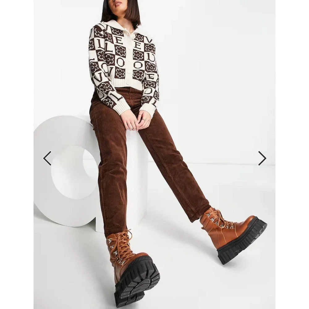 MONKI Straight Cord Pants in Brown ASOS High Rise Trouser size EU 34‎ / US 2